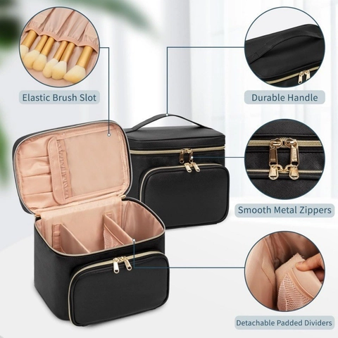 Große Kapazität Make-Up Tasche PU-Leder Wasserdichte Kosmetik Organizer Mit Trennwänden Und Pinselfächern Für Frauen