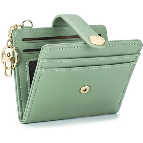 Women PU Leather RFID Blocking Card Holder Bifold Wallet With Multi Slot Zip Pocket Metallic Keychain Fashion Casual Purse