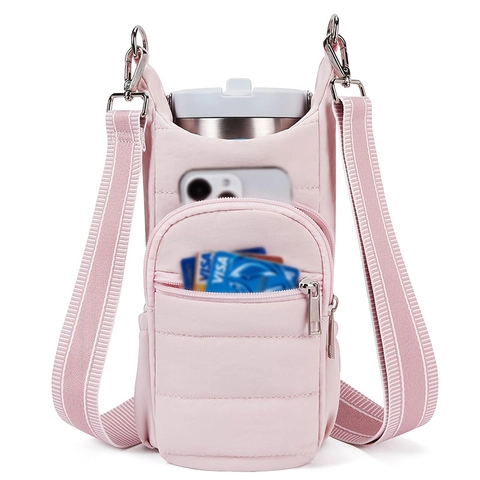 Quilted Nylon Water Bottle Bag With Adjustable Stripe Strap Crossbody Hiking Travel Outdoor Bottle Carrier Storage Bag