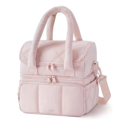 Double Layer Quilted Puffer Lunch Bag Thermal Insulated Picnic Tote Bag With Adjustable Shoulder Strap For Work School Outdoor