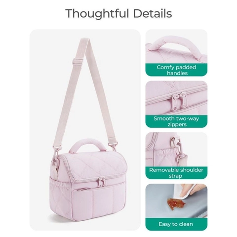 Quilted Insulated Lunch Bag For Women Puffy Waterproof Thermal Meal Box With Adjustable Strap Portable Picnic Tote Bag
