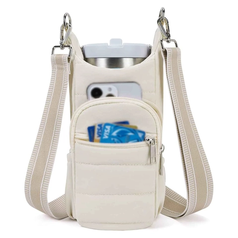 Women Quilted Water Bottle Carrier Crossbody Bag Waterproof Nylon Phone Pouch With Adjustable Striped Strap For Hiking Cycling