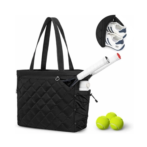 Large Quilted Tennis Tote Bag With Shoe Compartment Waterproof Lightweight Pickleball Duffel Bag For Men Women Gym Travel