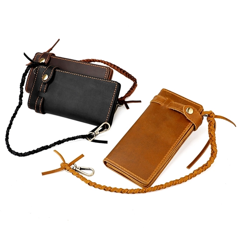Cartera Larga Hombre Cuero Genuino Retro Vintage De Mano Con Cadena Trenzada Protección RFID Portatarjetas