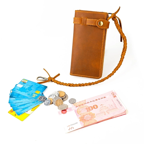Cartera Larga Hombre Cuero Genuino Retro Vintage De Mano Con Cadena Trenzada Protección RFID Portatarjetas