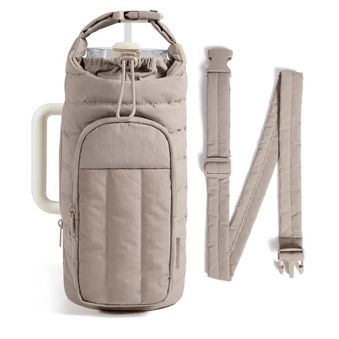 Quilted Water Bottle Carrier Bag Adjustable Shoulder Strap Front Zipper Pocket Portable Crossbody For Outdoor Sports