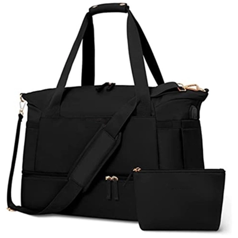Women Large Travel Duffel Bag With USB Charging Port Waterproof Nylon Gym Bag Separate Shoe Compartment Wet Pocket Yoga Bag
