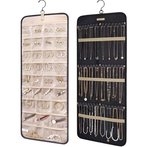 Hanging Jewelry Organizer Double Sided Oxford Cloth Storage Holder With 360 Degree Rotating Hook Clear Pockets For Necklaces