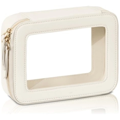 Large Transparent Cosmetic Bag Waterproof PU Leather Toiletry Bag Travel Makeup Organizer Gold Zipper Window Saffiano Bag