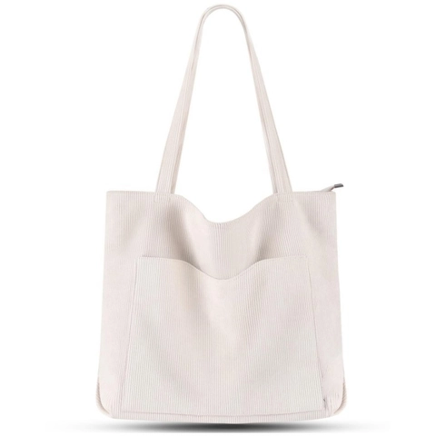 Große Cord-Tote-Bag Große Kapazität Schultertasche Mit Reißverschluss Fronttasche Für Damen Universität Arbeit Lässig Reisen Einkaufen