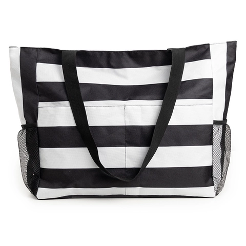 Grand Sac De Plage Rayé Imperméable Résistant Au Sable Polyester Pliable Sac À Main Multi Poches Voyage Vacances Shopping