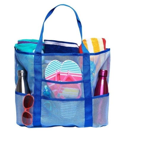 Large Capacity Mesh Beach Bag Multi Pocket Tote For Travel Swimming Gym Breathable Sand Proof Nylon Mesh Handbag