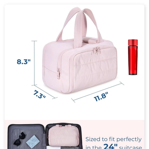 Large Capacity Quilted Toiletry Bag For Women Portable Travel Cosmetic Makeup Organizer With Wide Opening Wet Dry Separation Polyester Bag