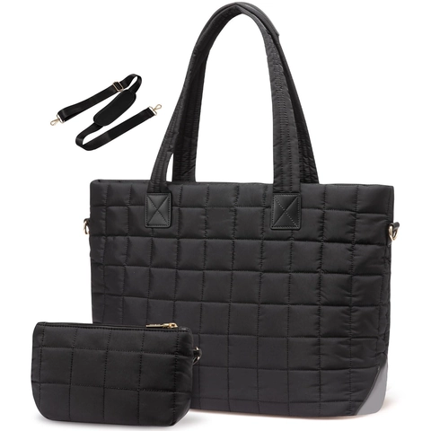 Große Gesteppte Tragetasche Wasserdichtes Nylon Mode Schultertasche Mit Gepolstertem Laptopfach Und Kleiner Tasche Für Damen Reisen Pendeln