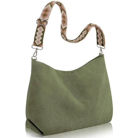 Borsa A Tracolla In Velluto A Coste Grande Capacità Con Cerniera E Tracolla Larga Regolabile Motivo Etnico Per Donna