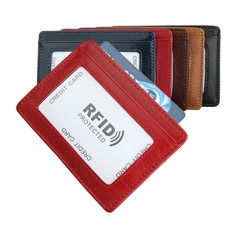 Porte-cartes Minimaliste en Cuir Véritable avec Protection RFID pour Hommes Femmes Étui à Cartes de Crédit Vintage en Cuir de Vachette Emplacements Multiples Fenêtre ID Portefeuille