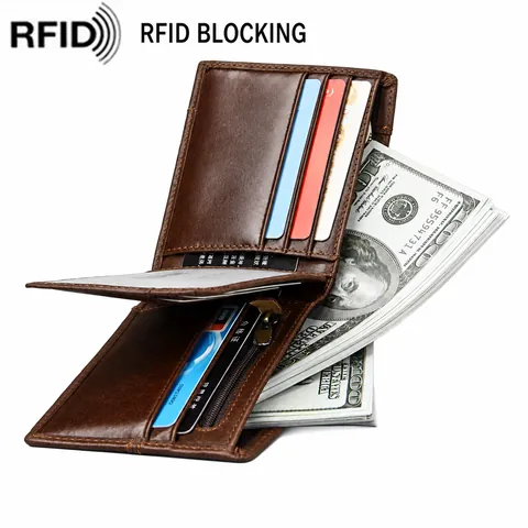 Cartera de Hombre de Cuero Genuino Retro Bloqueo RFID Billetera Corta Bifold Con Ranuras para Tarjetas Bolsillo para Monedas con Cremallera Vintage Casual