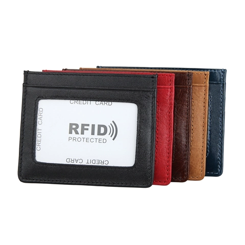 Porte-Cartes En Cuir Véritable Portefeuille Protection RFID Mince Fenêtre ID Étui À Cartes De Crédit Pour Hommes Et Femmes