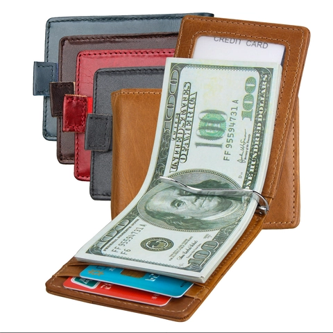 Retro Genuine Leather RFID Blocking Money Clip Bi-Fold Ultra Thin Card Holder Cowhide Wallet With Metal Clip For Men Women