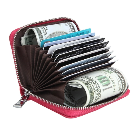 Genuine Leather RFID Blocking Card Holder For Women Men Accordion Multi-slot Credit Card Case Lychee Pattern Zipper Wallet
