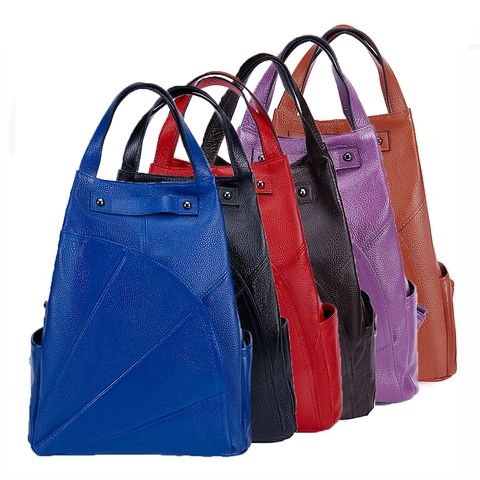 Women Genuine Cowhide Leather Backpack Litchi Grain Geometric Splicing Fashion Multi-Functional Handbag Travel Daily
