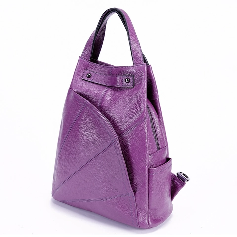 Women Genuine Cowhide Leather Backpack Litchi Grain Geometric Splicing Fashion Multi-Functional Handbag Travel Daily