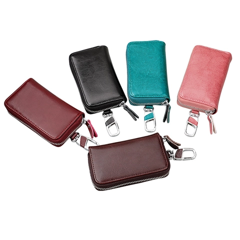 Genuine Leather Multi-Functional Car Key Wallet For Men Women Zipper Key Case With Metal Hook Lychee Texture Business Portable Key Holder Bag