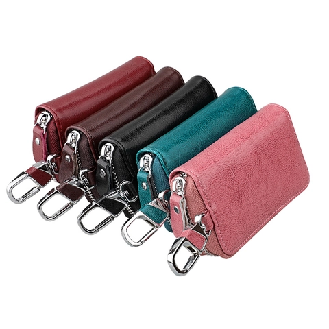 Genuine Leather Multi-Functional Car Key Wallet For Men Women Zipper Key Case With Metal Hook Lychee Texture Business Portable Key Holder Bag