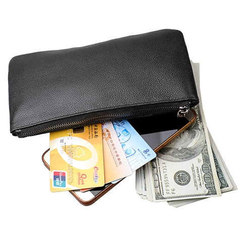 RFID Genuine Leather Long Wallet For Women Men Cowhide Litchi Pattern Zip Around Phone Clutch Bag Slim Wristlet Wallet
