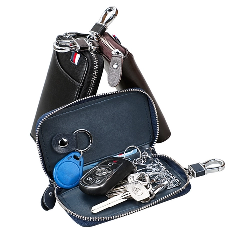 Estuche para Llaves de Cuero Auténtico Gran Capacidad Cartera con Cremallera Ranura para Tarjetas Organizador de Llaves Unisex