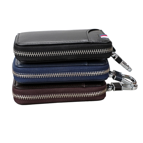 Estuche para Llaves de Cuero Auténtico Gran Capacidad Cartera con Cremallera Ranura para Tarjetas Organizador de Llaves Unisex