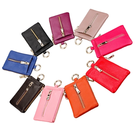 Genuine Leather Key Wallet Pebbled Texture Zipper Coin Pouch With Metal Hook Car Key Holder For Men Women