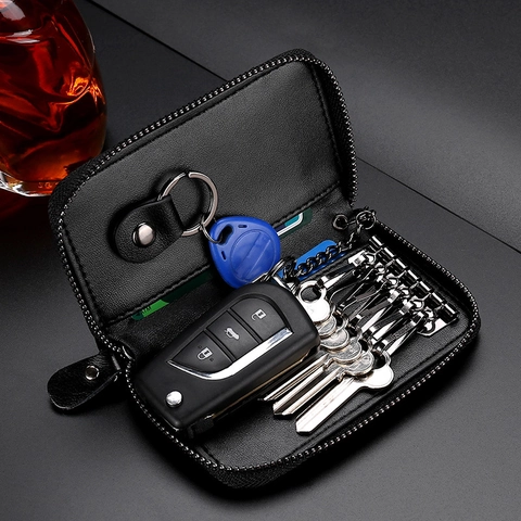 Cartera Llavero de Cuero Dividido de Gran Capacidad Soporte de Llave Multifuncional con Cremallera y Ranuras para Tarjetas para Llaves de Coche Casa