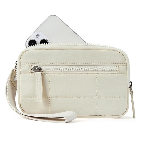 Mini Quilted Wristlet Wallet Nylon Double Zipper Coin Purse With Transparent ID Window RFID Blocking Waterproof For Daily