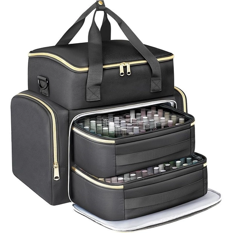 Large Capacity Double Layer Nail Polish Organizer Case Portable Makeup Storage Bag With Shoulder Strap For Women Travel
