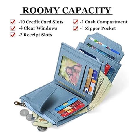 Women PU Leather Small Wallet Bifold Compact RFID Blocking Zipper Pocket Credit Card Holder Travel Pocket Passport Wallet