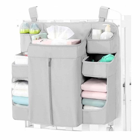 Crib Hanging Organizer Polyester Multi-Pocket Diaper Caddy For Nursery Bedside Storage Bag Zippered Shelves