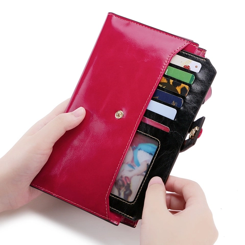 Echtes Leder RFID Damen Lange Brieftasche Ölwachs Rindsleder Clutch Große Kapazität Mehrere Kartenfächer Handyfach Geldbörse