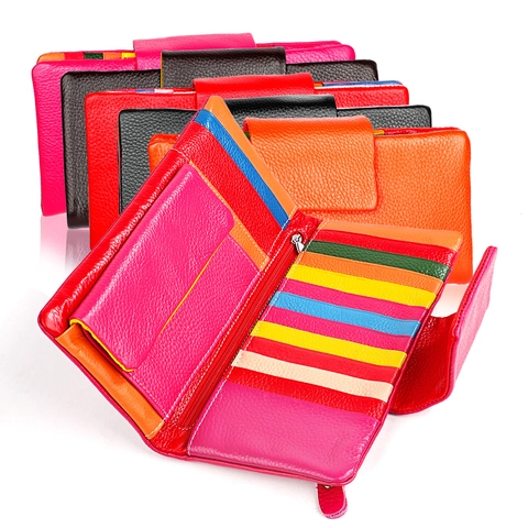 Portefeuille Long en Cuir Véritable pour Femmes Grain de Litchi Vachette Multi Emplacements Cartes RFID Clutch pour Voyage