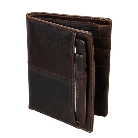 Portefeuille Vintage en Cuir Véritable pour Hommes Blocage RFID Bifold en Cuir de Vachette Avec Poche Monnaie Zippée et Emplacements Cartes