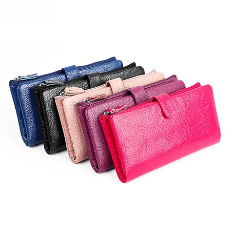 RFID Blocking Genuine Leather Women Long Wallet Litchi Grain Top Layer Cowhide Card Holder Clutch Purse Large Capacity Money Bag