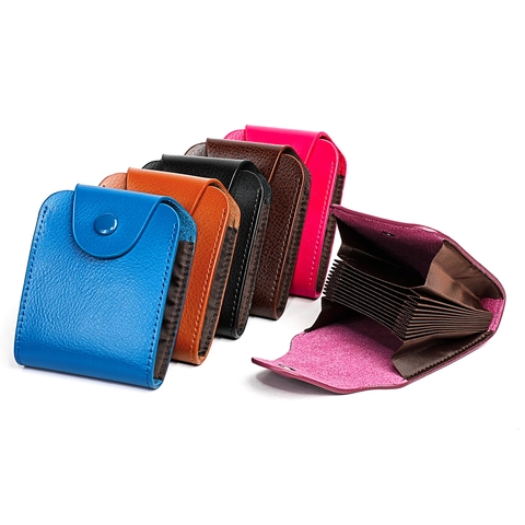 Genuine Leather Card Holder For Men Women RFID Blocking Accordion Credit Card Case Litchi Grain Minimalist Snap Button Mini Wallet Organizer