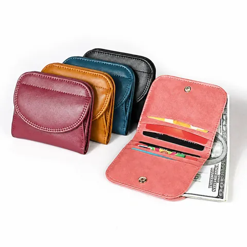 Women Genuine Leather Short Wallet RFID Protected Mini Cowhide Coin Purse Small Card Holder Foldable Snap Closure