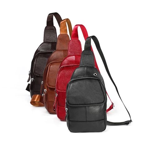 Men Genuine Leather Sling Chest Bag Lychee Grain Multi Pocket Earphone Hole Casual Travel Business Crossbody