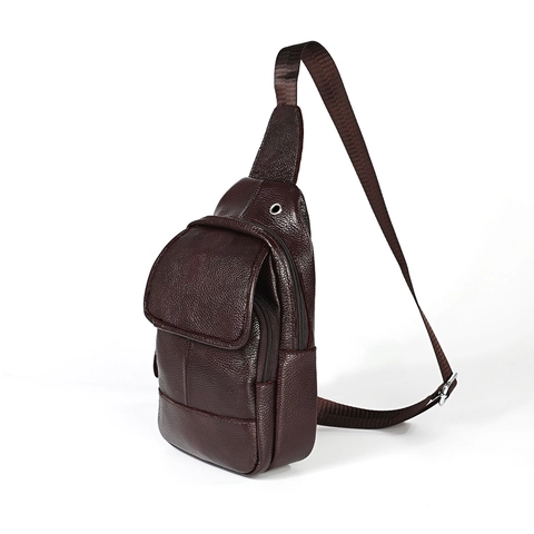 Men Genuine Leather Sling Chest Bag Lychee Grain Multi Pocket Earphone Hole Casual Travel Business Crossbody