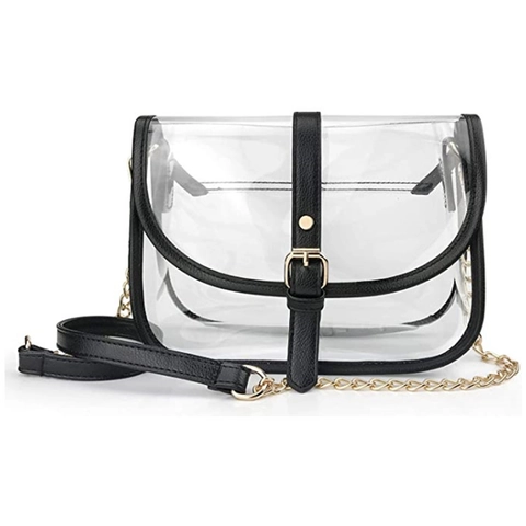 Women Transparent PVC Crossbody Bag With Black PU Trim And Gold Chain Strap Retro Cylindrical Saddle Shoulder Handbag