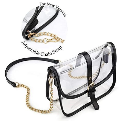 Women Transparent PVC Crossbody Bag With Black PU Trim And Gold Chain Strap Retro Cylindrical Saddle Shoulder Handbag