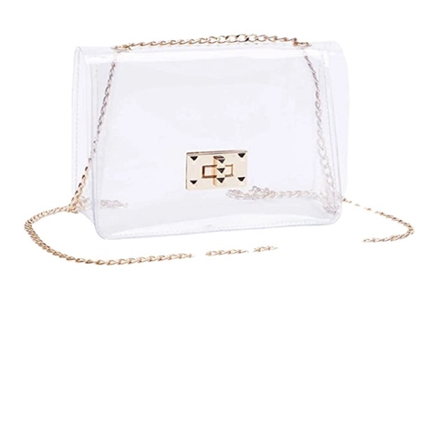 Women Clear PVC Crossbody Bag Stadium Approved Transparent Purse Gold Chain Strap Studded Turn Lock Small Square Bag
