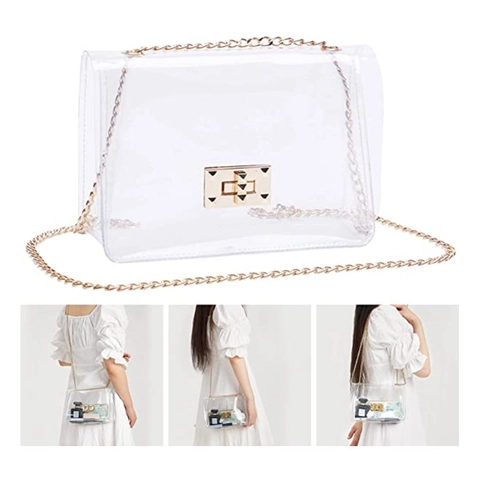 Women Clear PVC Crossbody Bag Stadium Approved Transparent Purse Gold Chain Strap Studded Turn Lock Small Square Bag