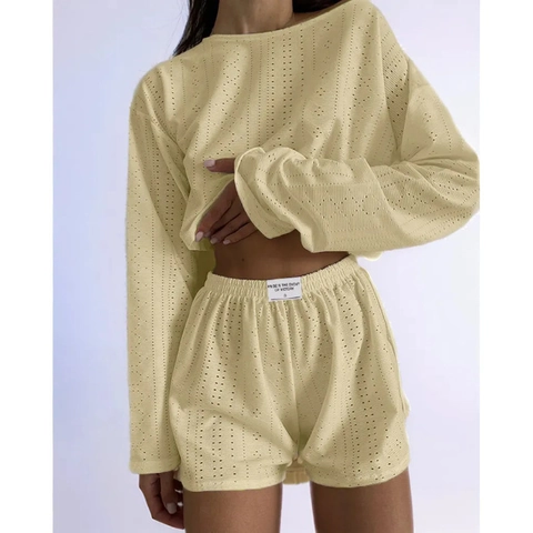 Women Loungewear Long Sleeve Top And Shorts Pointelle Knit Hollow Out Breathable Casual Sleepwear Home Wear Comfort
